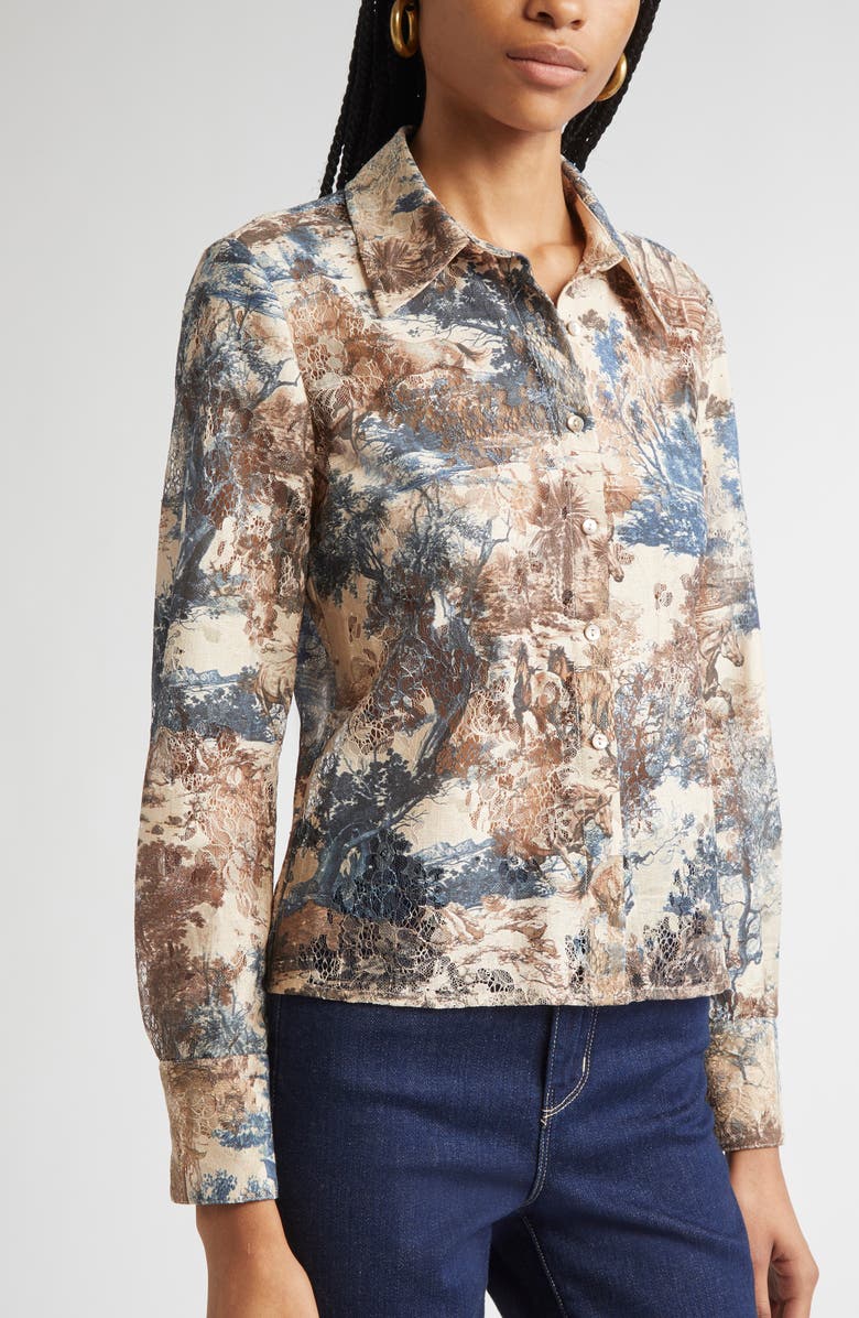 L'AGENCE Maia Printed Lace Button-Up Shirt, Alternate, color, Tan Mountain Western Toile