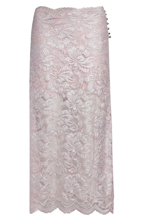 Shop Rabanne Metallic Stretch Lace Midi Skirt In Powder Pink/silver
