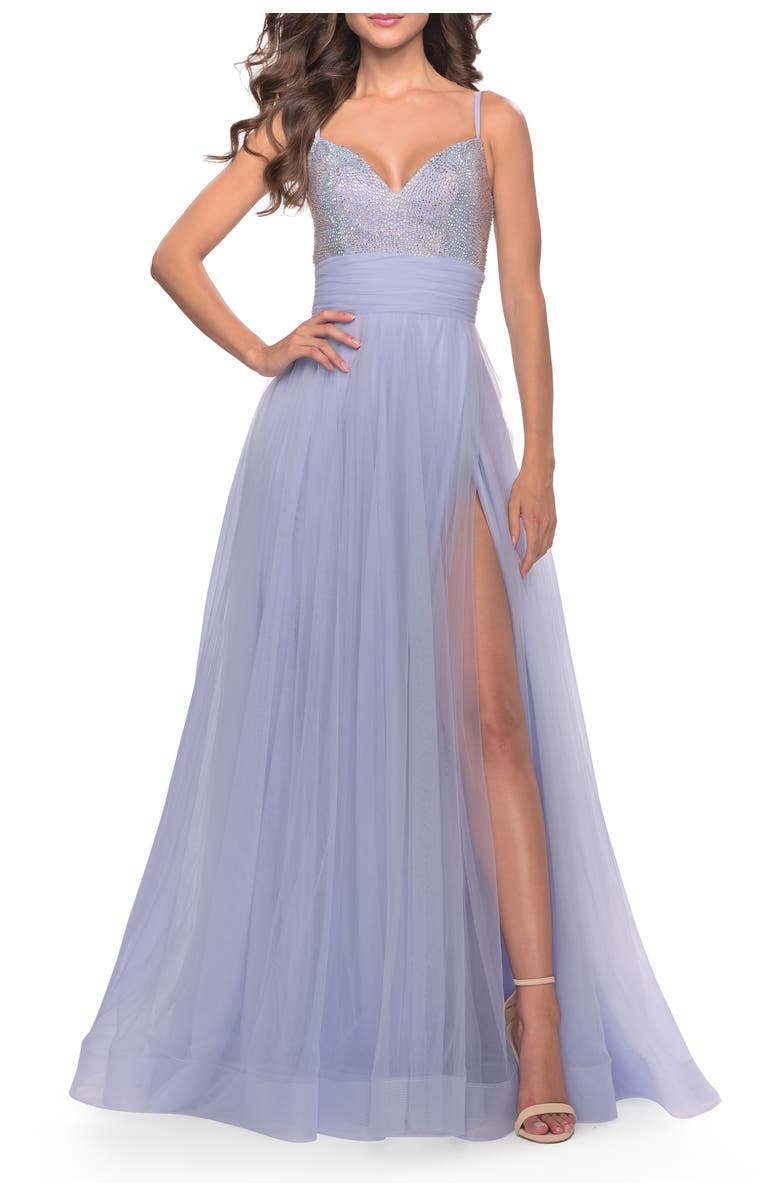 La Femme Tulle Gown with Full Skirt and Rhinestone Bodice in Bright Colors, Alternate, color, Light Periwinkle