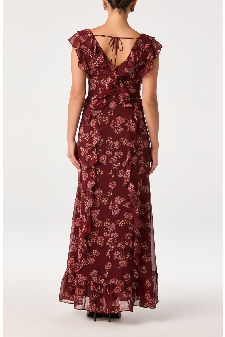 Joana Floral Ruffle Maxidress, Alternate, color, WINE FLORAL