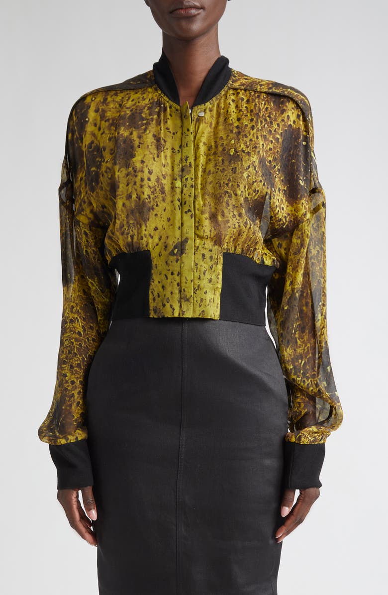 Rick Owens Wolf Fish Print Silk Crop Flight Jacket, Main, color,