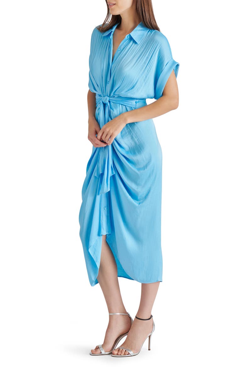 Tori Tie Waist Satin Midi Shirtdress, Alternate, color, INDIGO