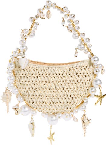 Cluster Shell Imitation Pearl Raffia Shoulder Bag