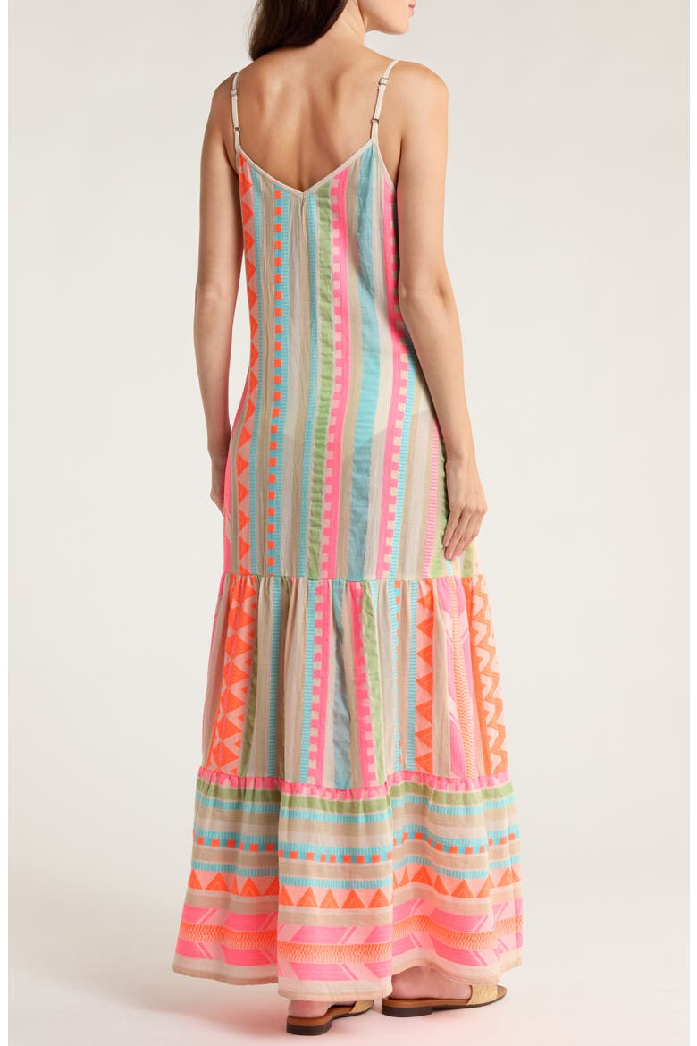 Embroidered Tiered Cotton Blend Cover-Up Maxi Dress, Alternate, color, NEON AZTEC