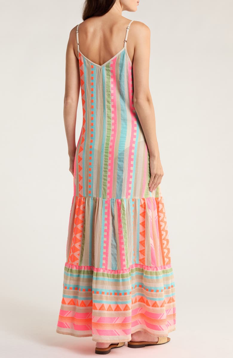 Elan Embroidered Tiered Cotton Blend Cover-Up Maxi Dress, Alternate, color, Neon Aztec