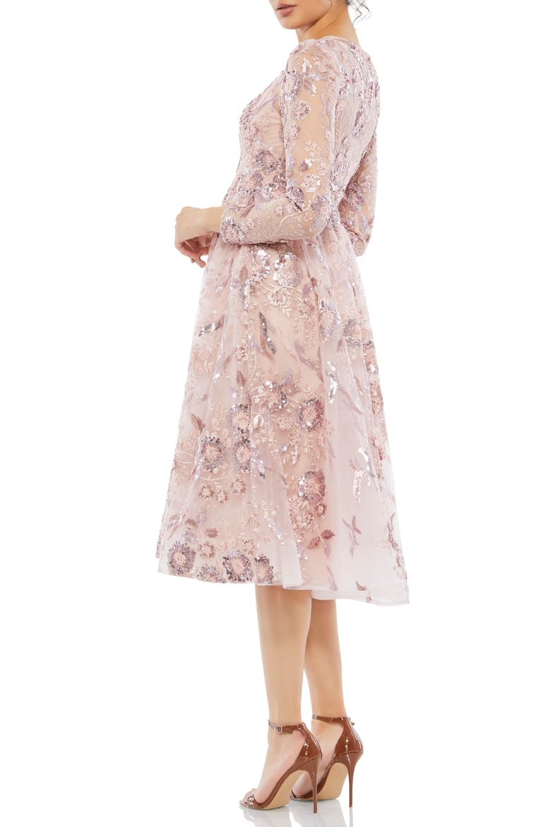 Sequin Floral Long Sleeve A-Line Midi Dress, Alternate, color, ROSE PINK