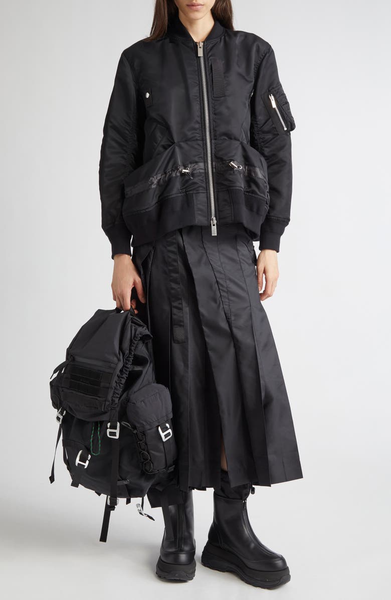 Sacai Belted Pleated Midi Skirt, Alternate, color, Black