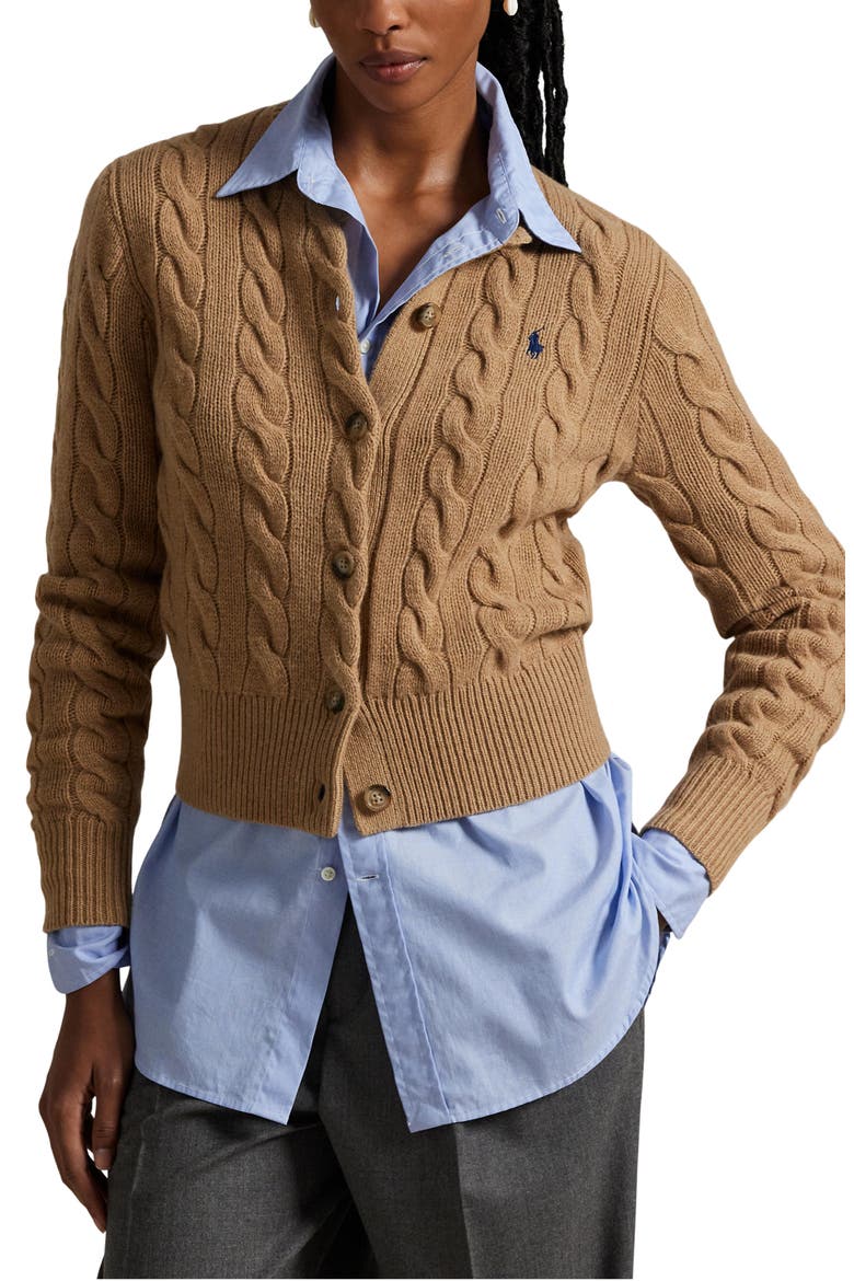Cable Knit Wool & Cashmere Cardigan, Main, color, COLLECTION CAMEL MELANGE