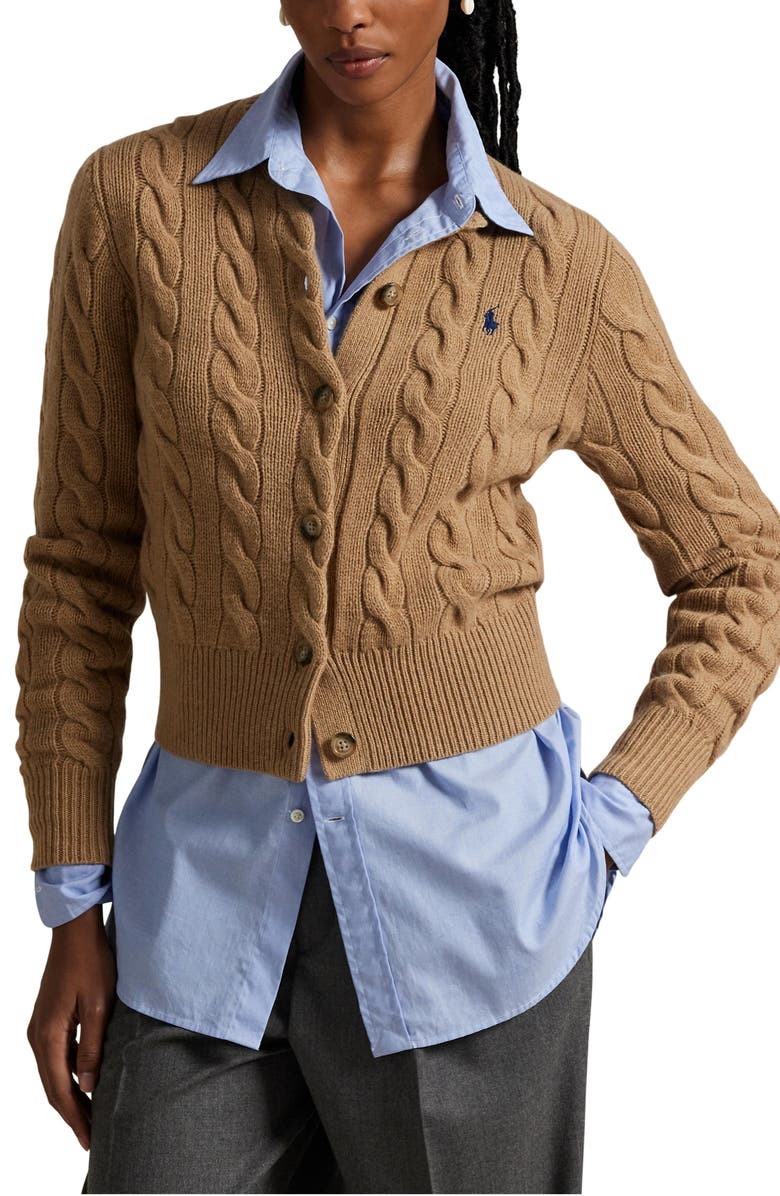 Polo Ralph Lauren Cable Knit Wool & Cashmere Cardigan, Main, color, Collection Camel Melange