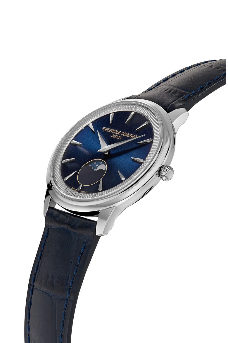 Classics Moneta Moon Phase Navy Leather Strap Watch, 37mm, Alternate, color, SILVER-TONE