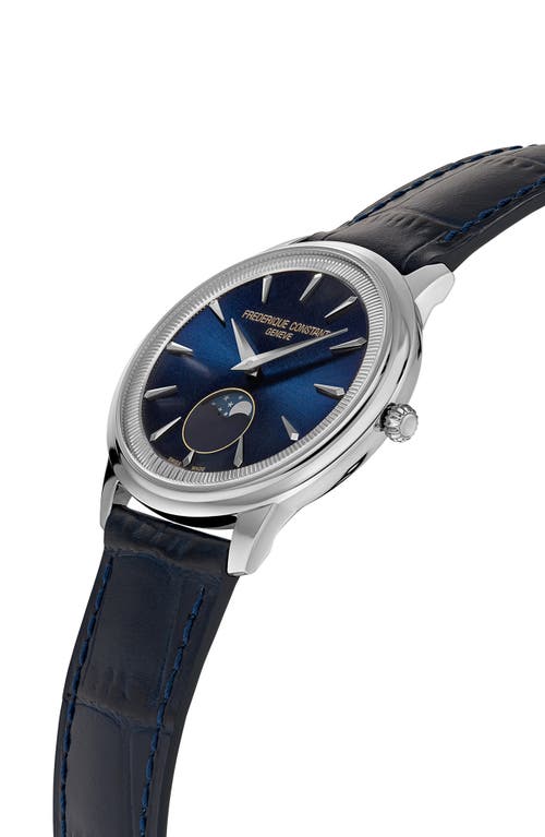 Frederique Constant Classics Moneta Moon Phase Navy Leather Strap Watch, 37mm