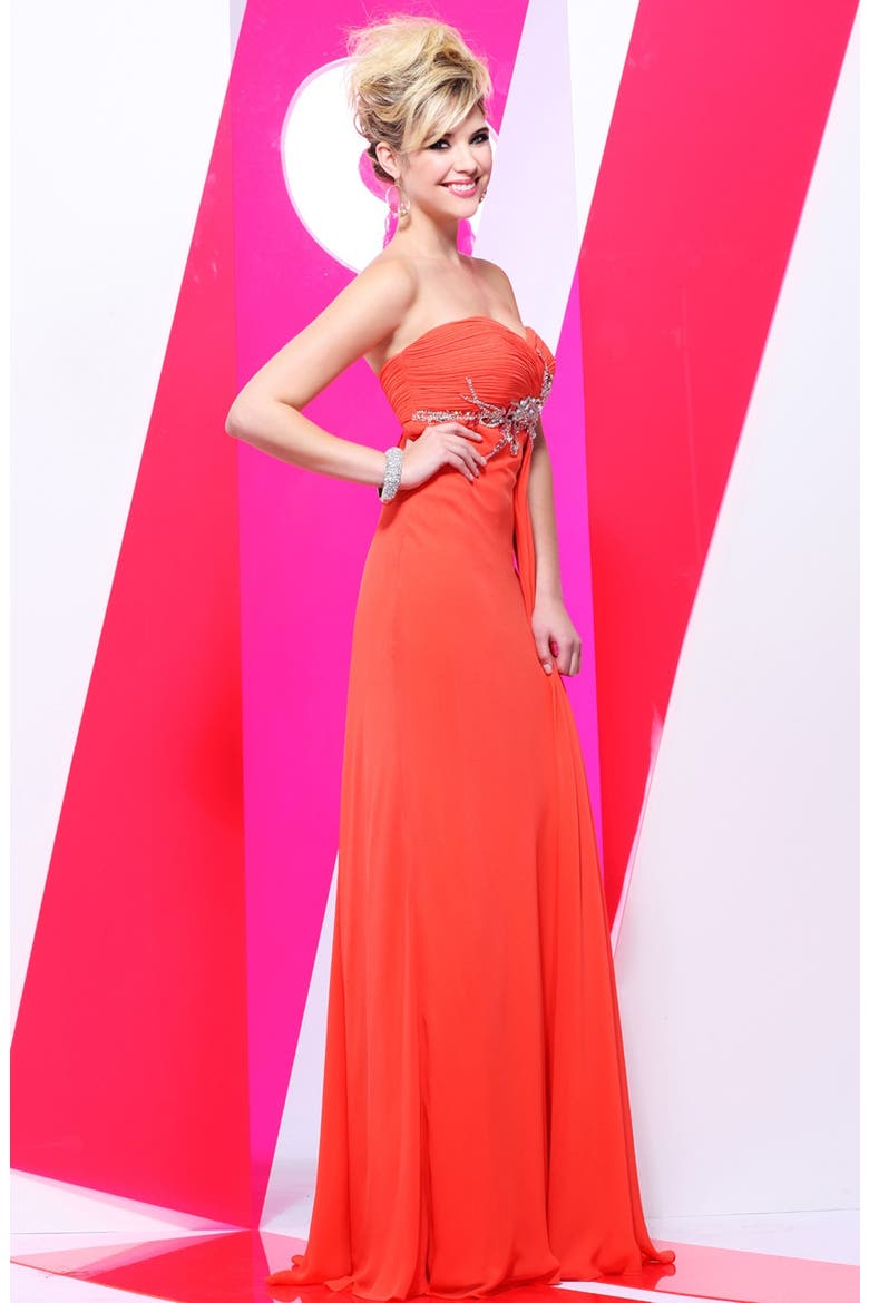 Embellished Strapless Chiffon Gown, Main, color, MANGO TANGO