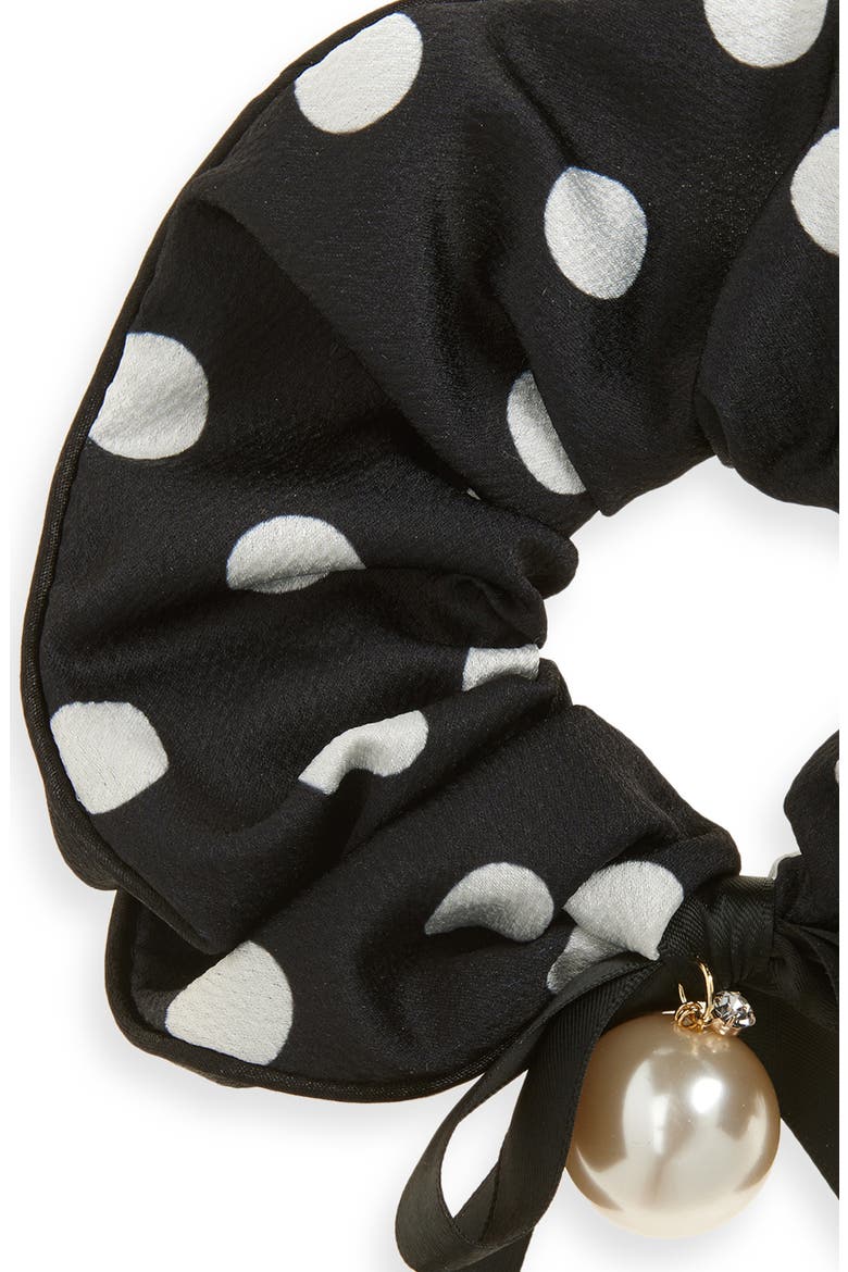 Polka Dot Hammered Satin Scrunchie, Alternate, color, BLACK