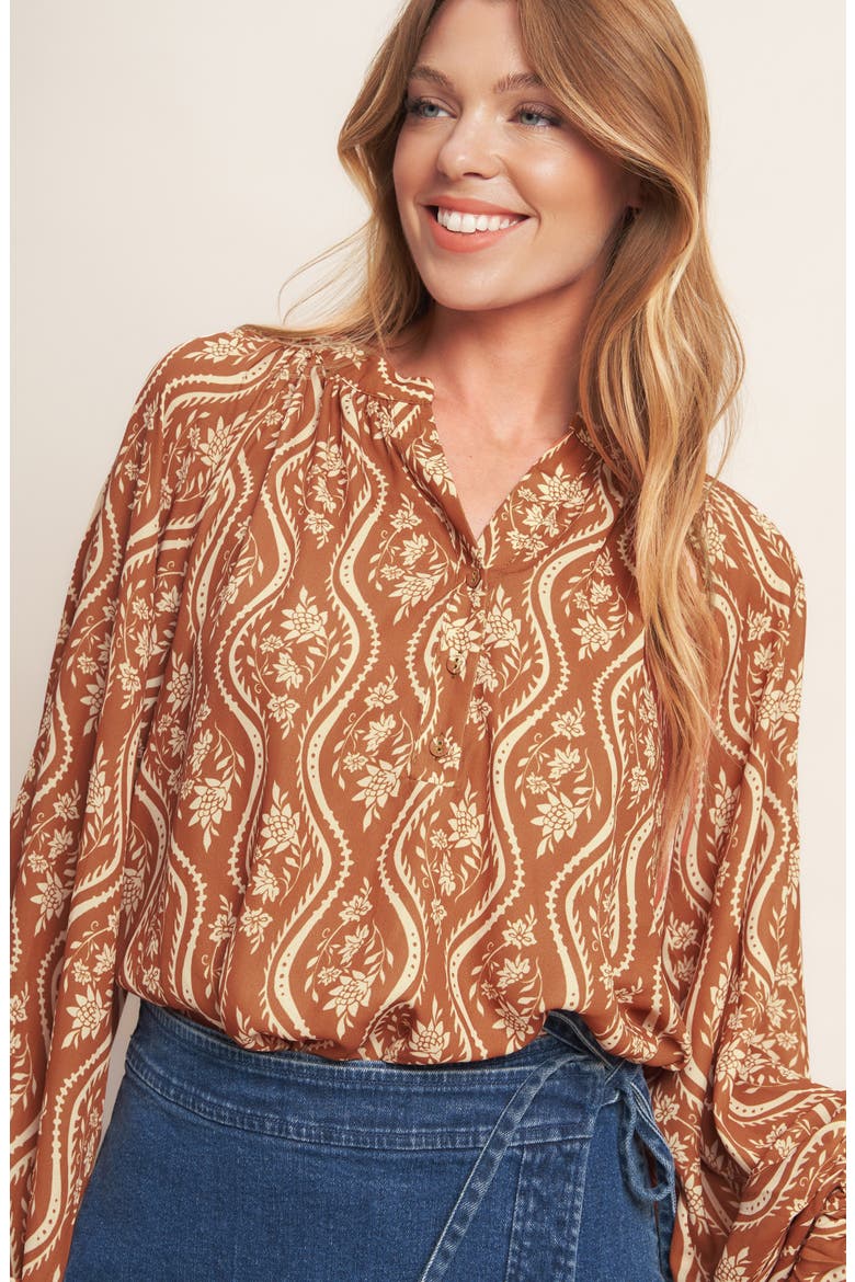Floral Billow Sleeve Top, Alternate, color, BROWN/PEACH
