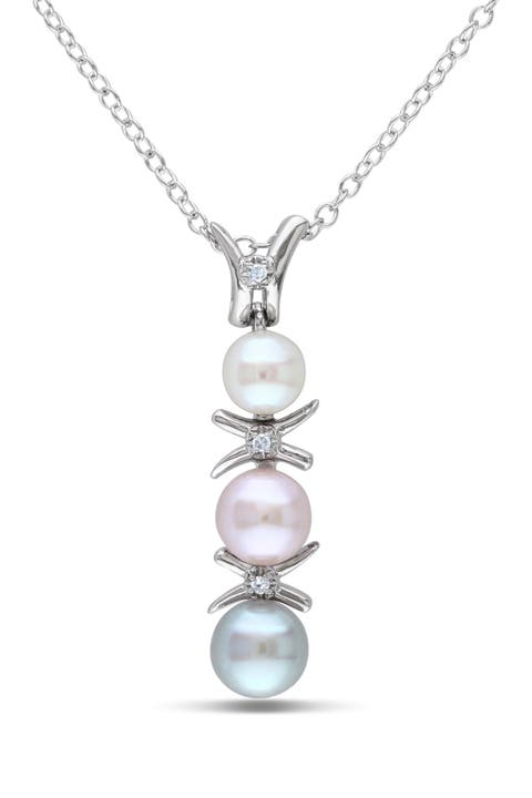 Sterling Silver 5–5.5mm White, Pink & Grey Cultured Freshwater Pearl & Diamond Pendant Necklace - 0.01ct.