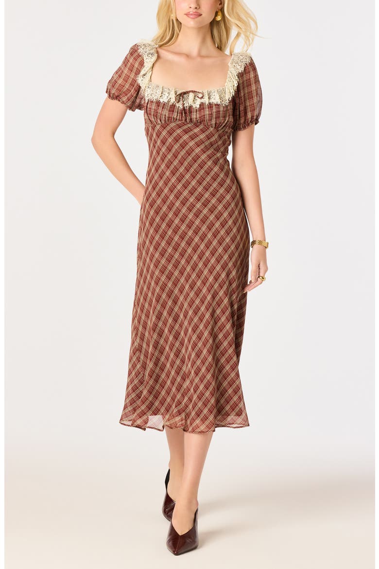 Edwardine Lace Trim Plaid Midi Dress, Alternate, color, WINE PLAID