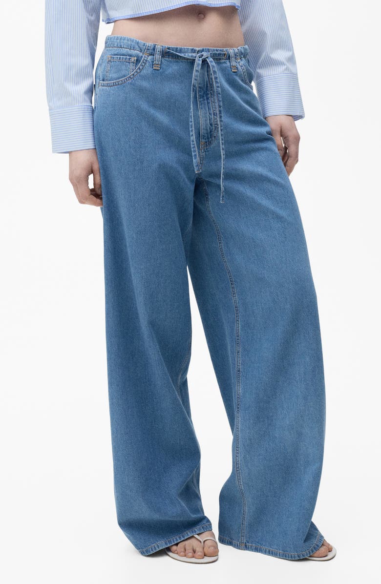 MANGO Belted Mid Rise Wide Leg Denim Trouser Jeans, Main, color, Medium Blue