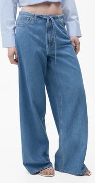 MANGO Belted Mid Rise Wide Leg Denim Trouser Jeans