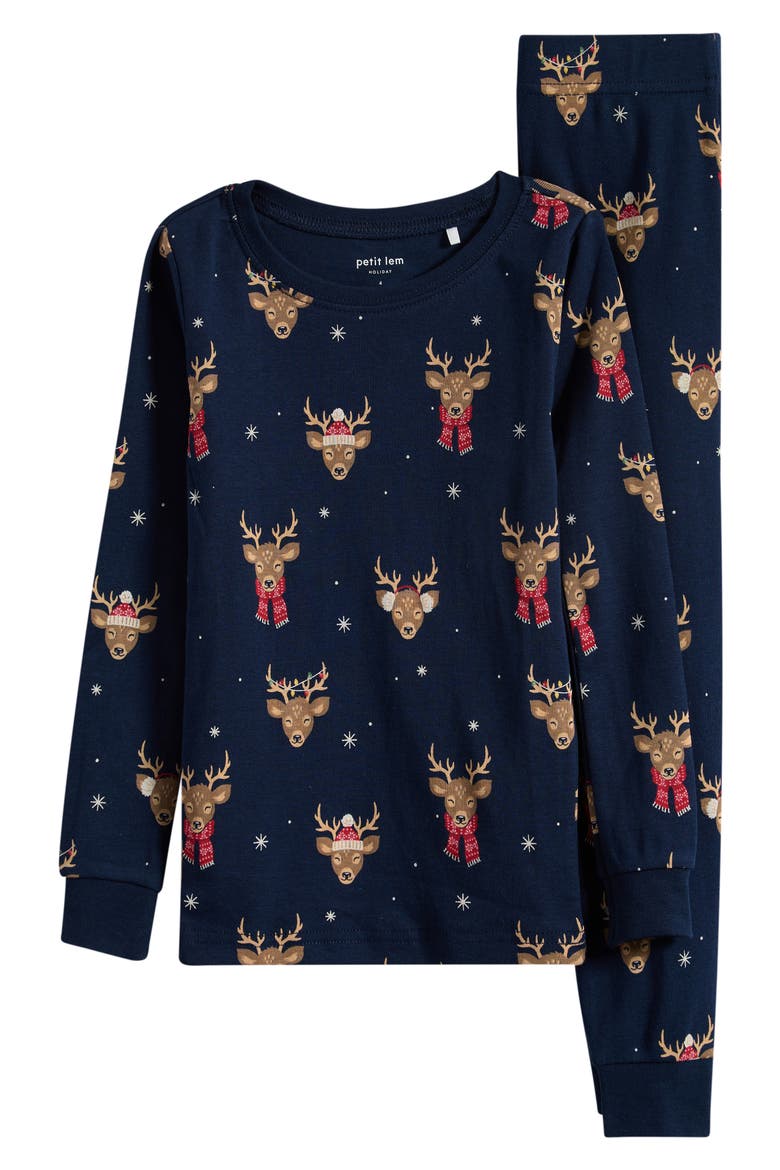 Kids' Holiday Reindeer Fitted Two-Piece Pajamas, Main, color, NAVY