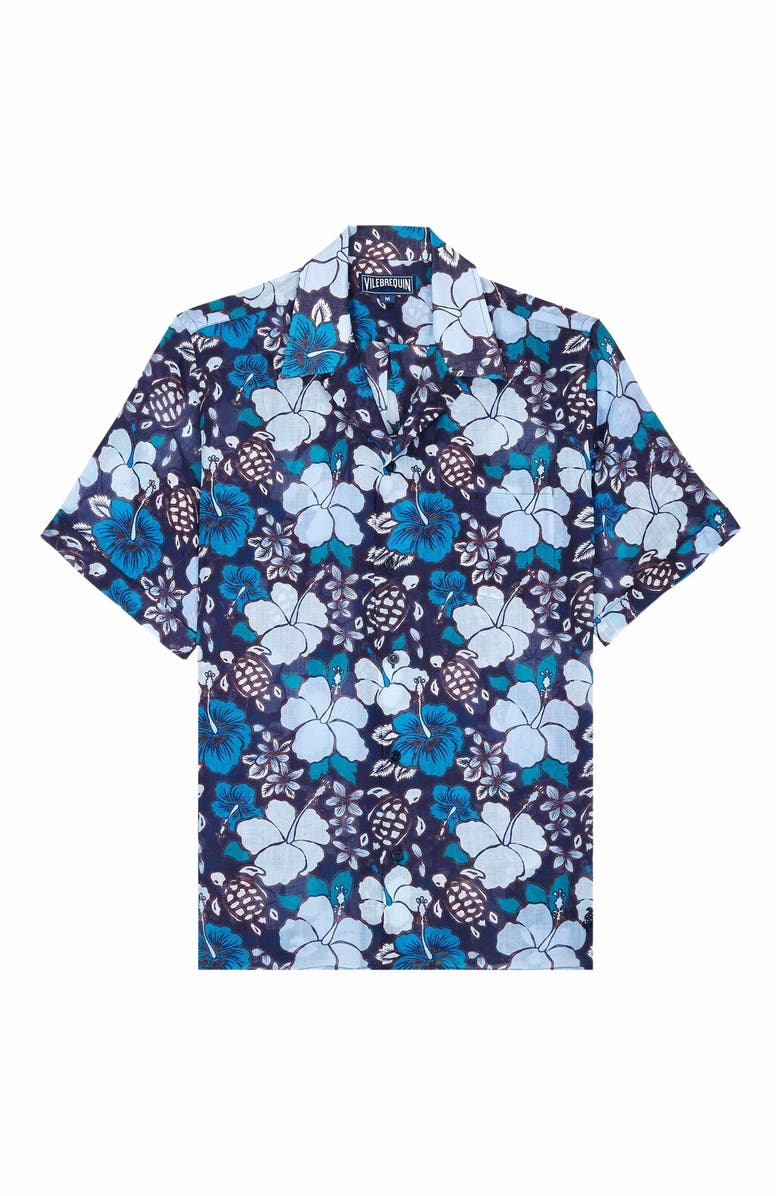 Vilebrequin Men's Bowling Linen Tropical Turtles Shirt, Main, color, Minuit
