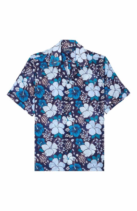 Men's Bowling Linen Tropical Turtles Shirt