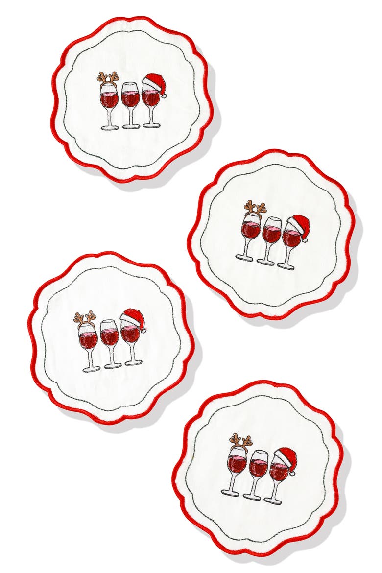 Set of 4 Embroidered Christmas Wine Linen Napkins, Main, color, RED