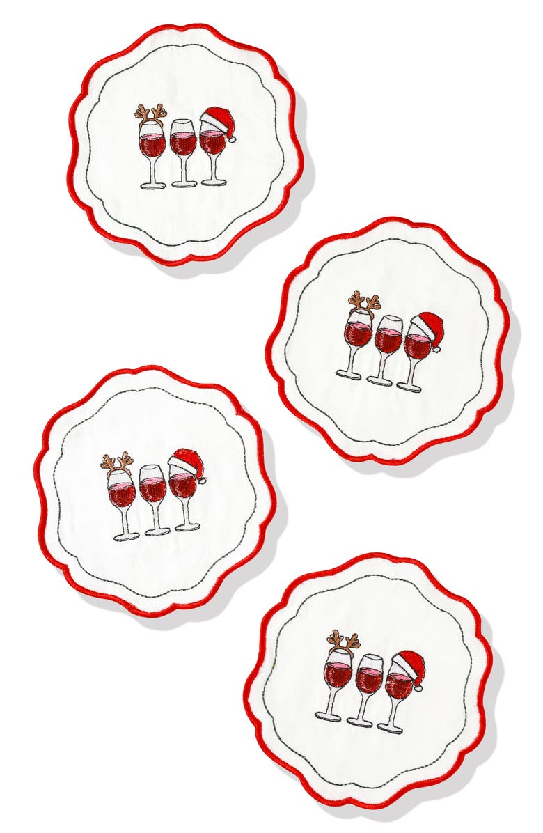 Tiramisu Set of 4 Embroidered Christmas Wine Linen Napkins, Main, color, Red