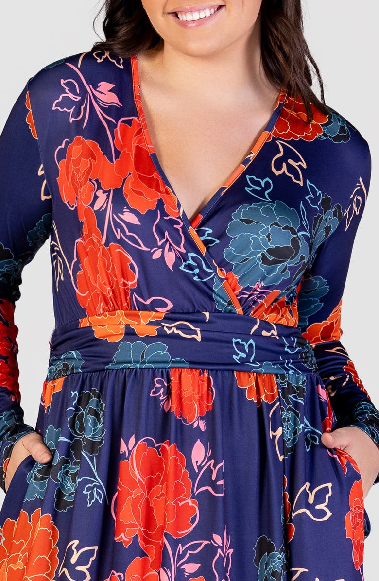 24seven Comfort Apparel Floral Long Sleeve Wrap Front Knit Maxi Dress, Alternate, color, 