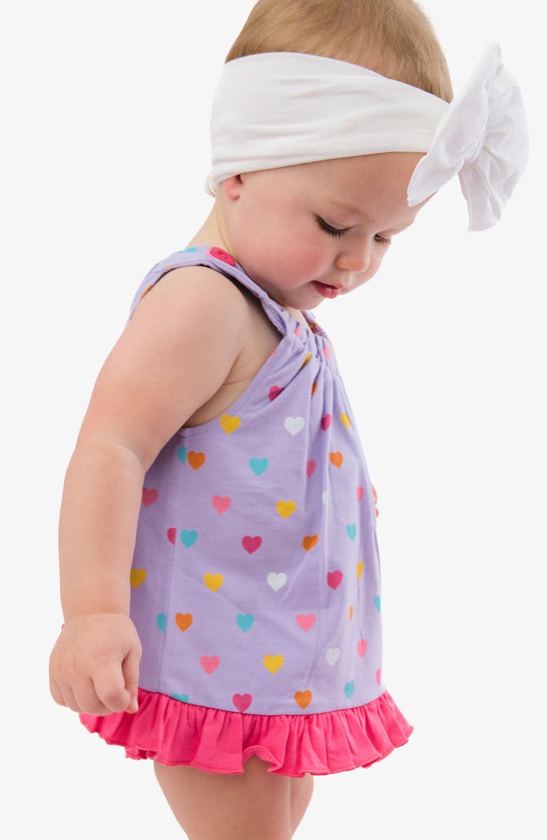 RuffleButts Kids
 Heart Print Cotton Ruffle Swing Top and Bloomer Set, Alternate, color, Purple