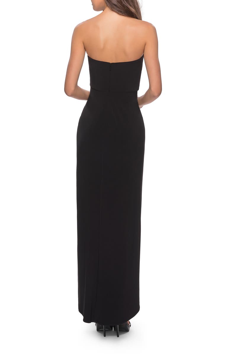 La Femme Long Strapless Jersey Dress with Side Ruching, Alternate, color, Black