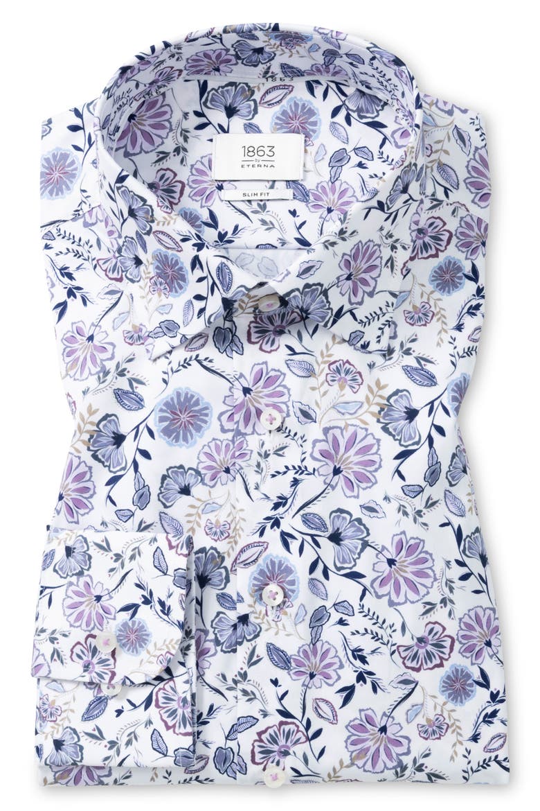 Slim Fit Floral Non-Iron Cotton Twill Dress Shirt, Main, color, LILAC