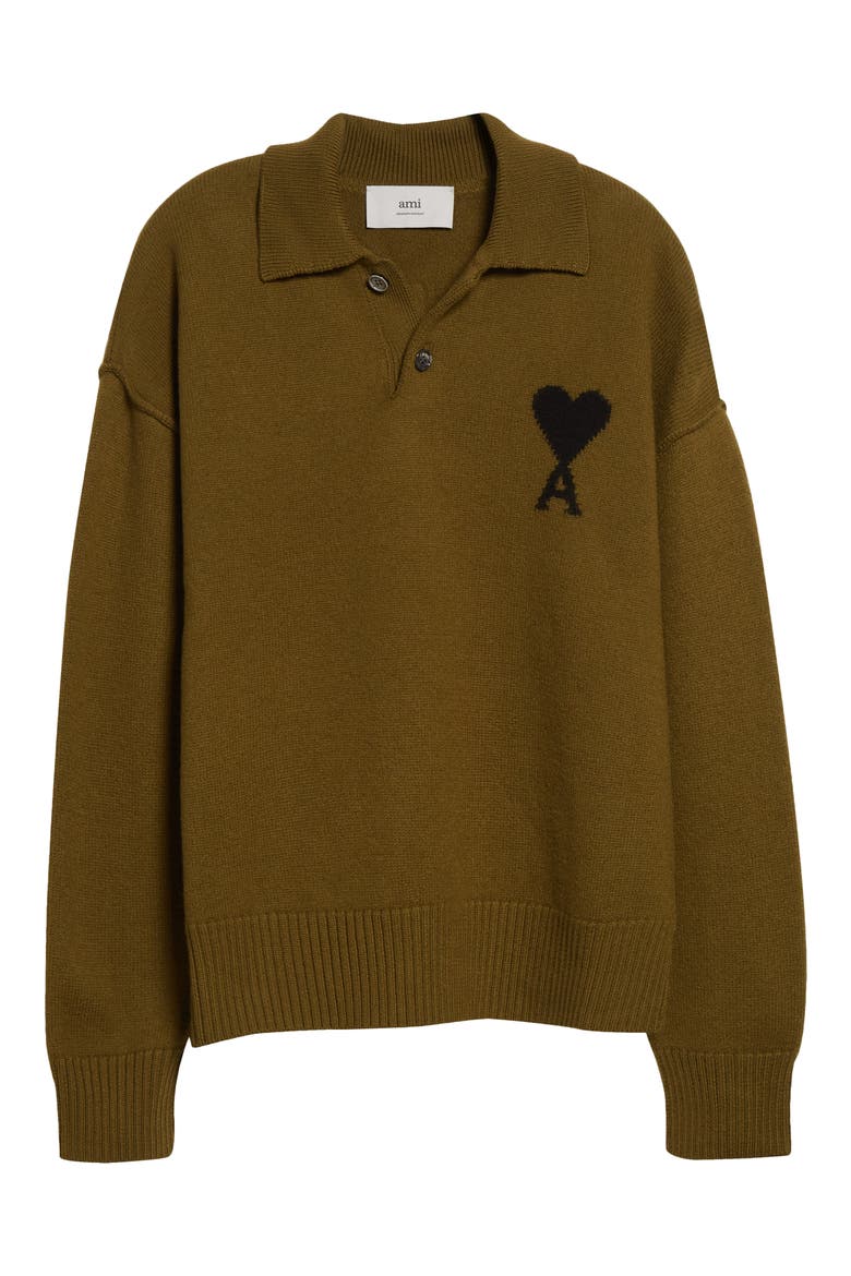 Ami de Coeur Monogram Felted Wool Polo Sweater, Alternate, color, BRONZE/ NOIR