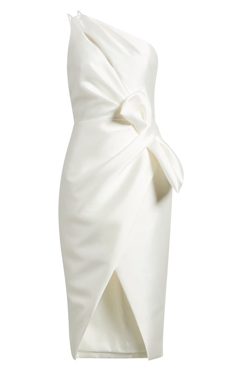 Amsale One-Shoulder Bow Detail Cocktail Sheath Midi Dress, Alternate, color, Ivory