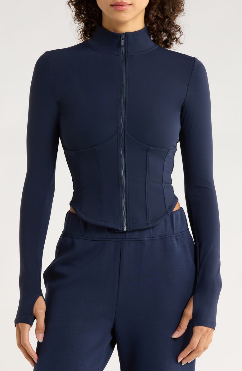 MPG Sculpt Corset Seamed Crop Zip-Up Jacket, Alternate, color, Navy Blazer