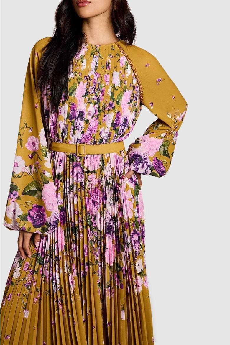 Floral Pleated Georgette Midi Dress, Alternate, color, Mustard