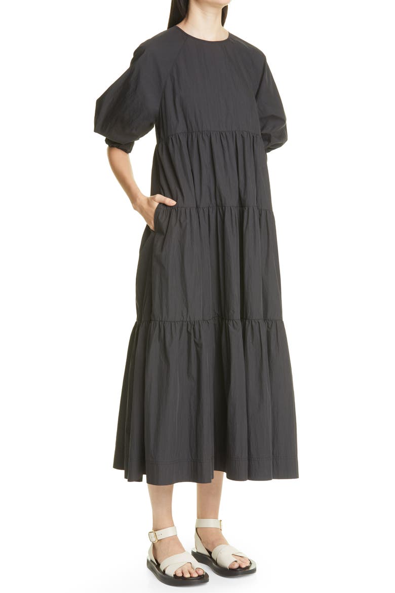 Tiered Bubble Sleeve Midi Dress, Alternate, color, 001 BLACK