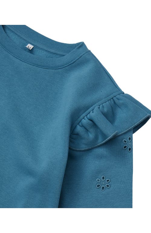 Lands' End Girls Long Sleeve Cozy Fleece Ruffle Eyelet Sweatshirt In Blue