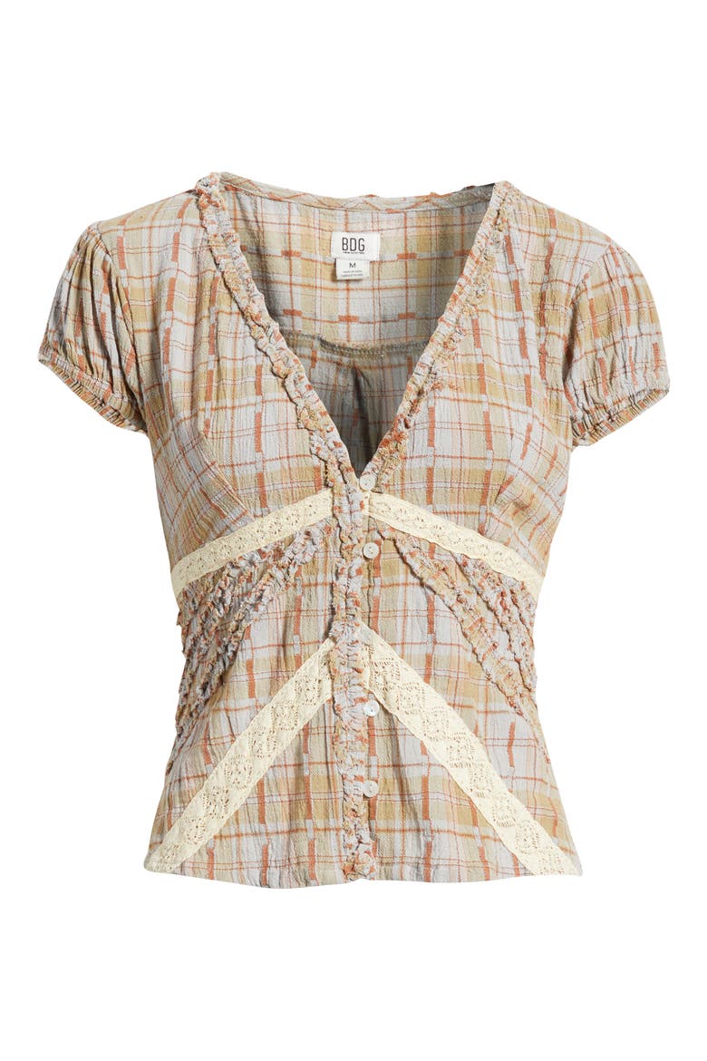 Robyn Plaid Ruffle & Lace Trim Button-Up Top, Alternate, color, BROWN