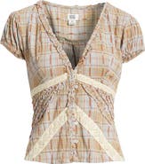 BDG Urban Outfitters Robyn Plaid Ruffle & Lace Trim Button-Up Top