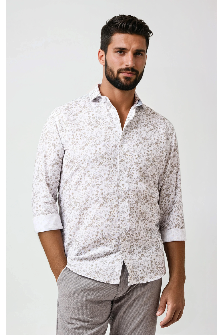 Linen Floral Print LS Button-Up Shirt, Main, color, Beige