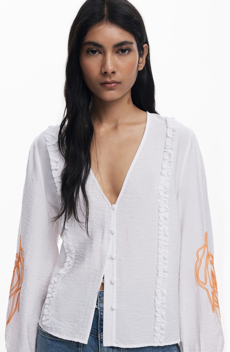 Desigual Embroidered Hammered Satin Top, Alternate, color, White