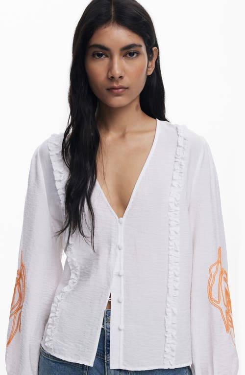 Desigual Embroidered Hammered Satin Top In White