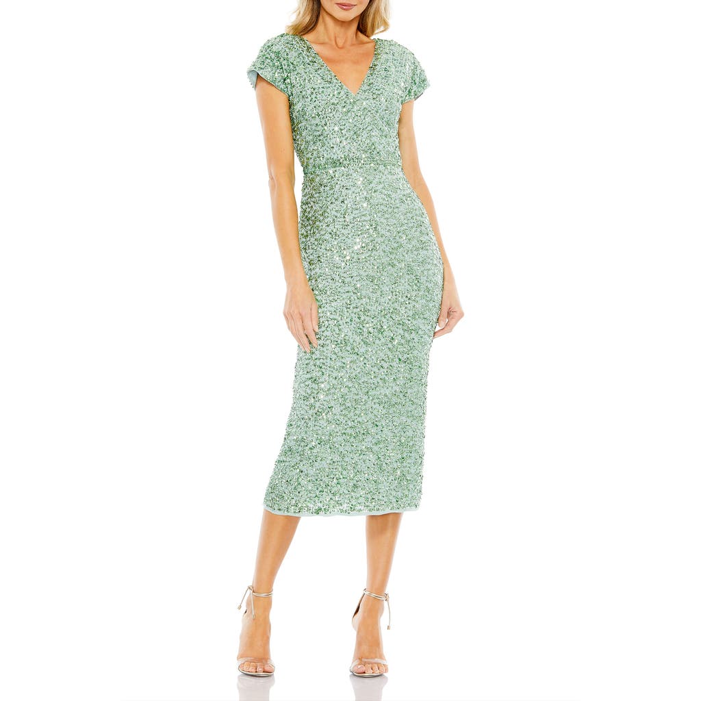 Mac Duggal Sequined Short Sleeve Wrap Over Cocktail Dress In Sage