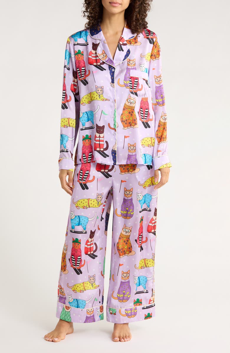 Karen Mabon Skiing Cats Classic Pajama Set, Main, color, Lilac