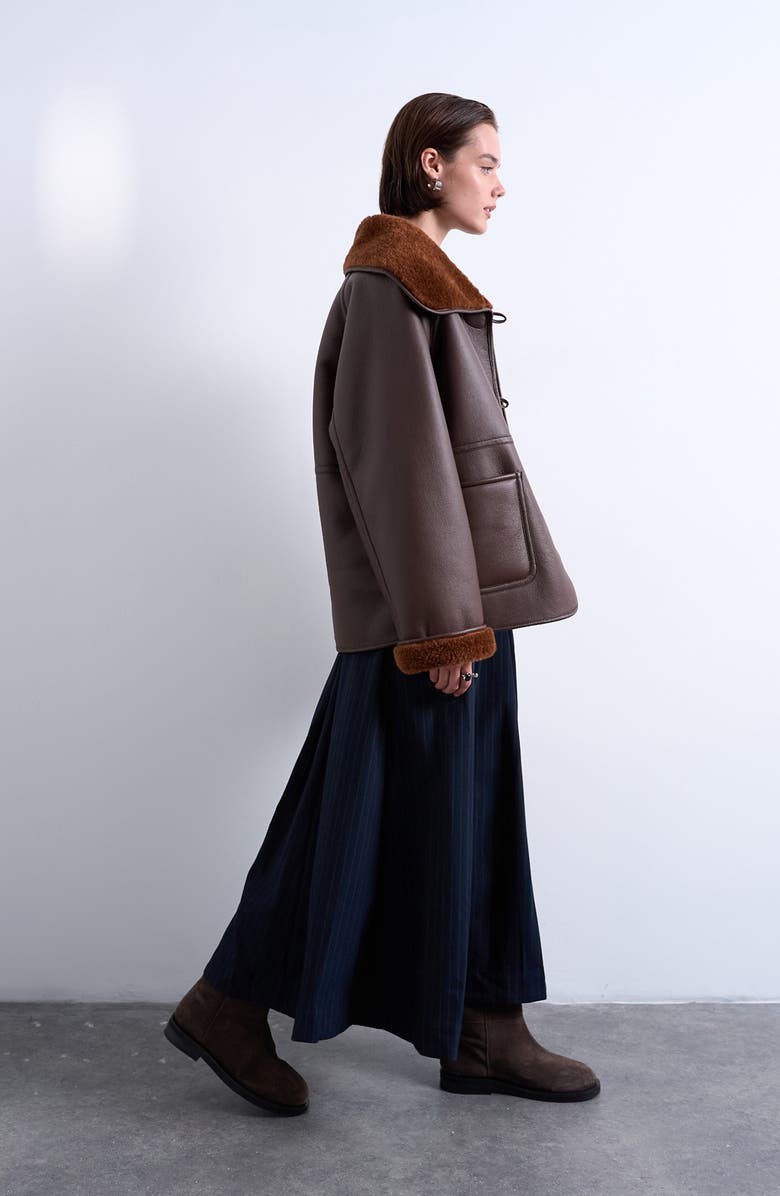 Topshop Oversize Reversible Faux Shearling Jacket, Alternate, color, Brown