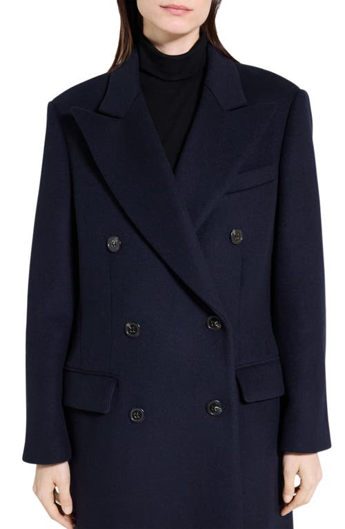 Theory Peak Lapel Double Breasted Wool Blend Coat In Blue