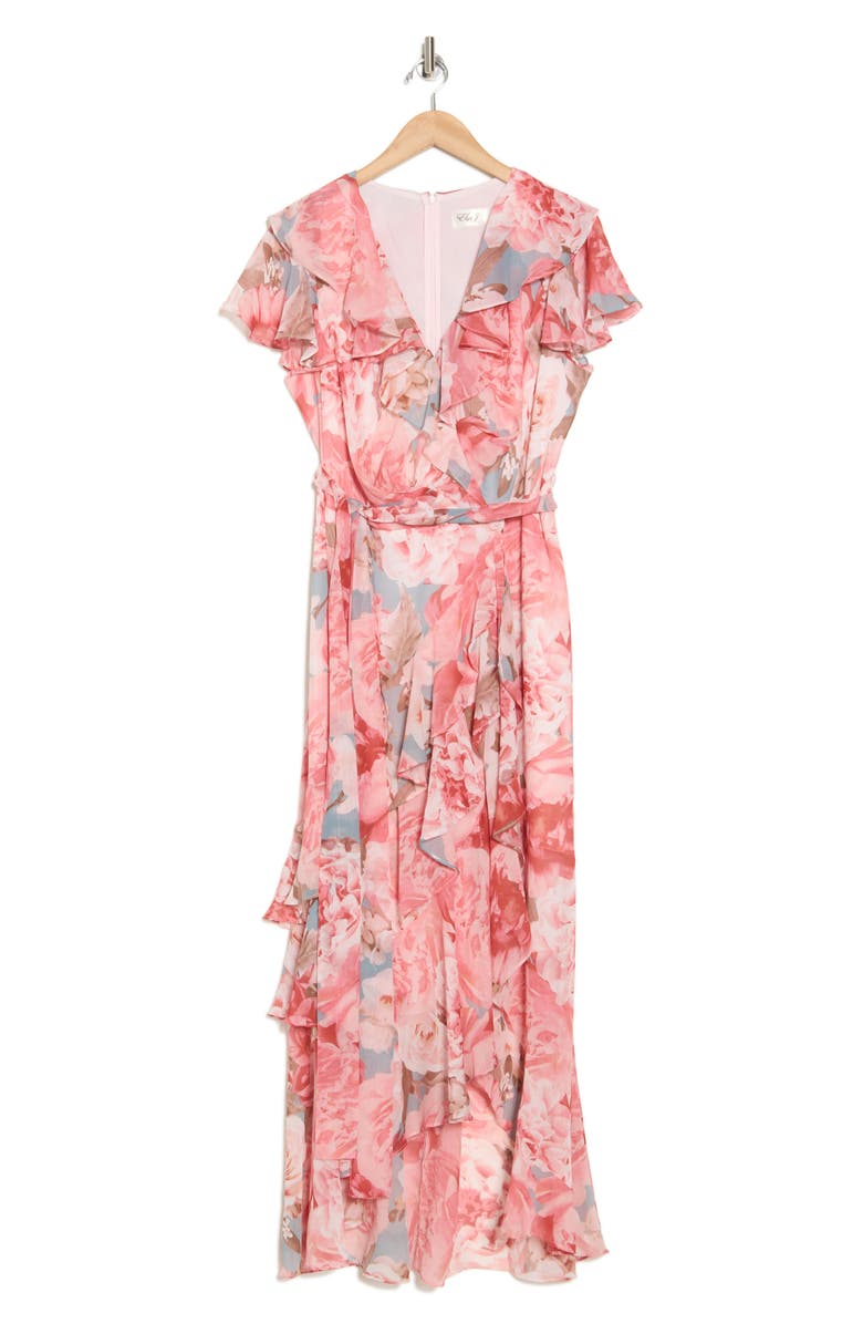 Eliza J Floral Short Sleeve Ruffle Maxi Dress, Alternate, color,