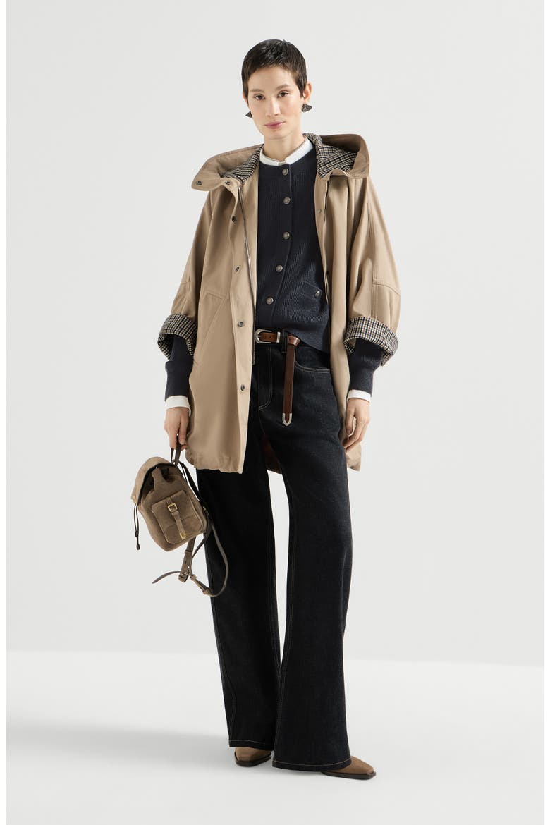 Cotton and linen twill hooded outerwear jacket with monili, Alternate, color, Camel
