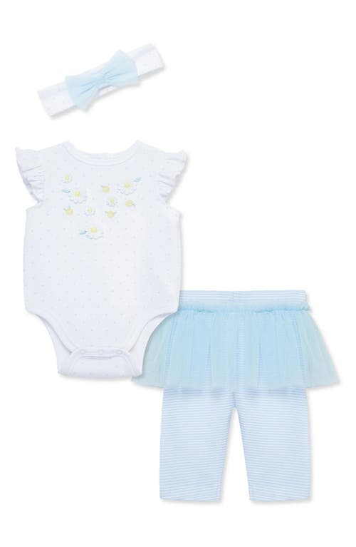 Shop Little Me Daisies Bow Head Wrap, Ruffle Bodysuit & Skirted Leggings Set In Blue