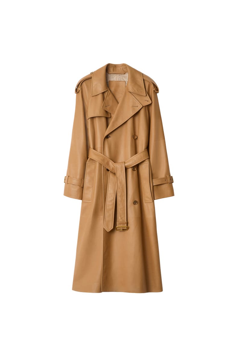 Burberry Long Leather Castleford Trench Coat, Alternate, color, Sepia